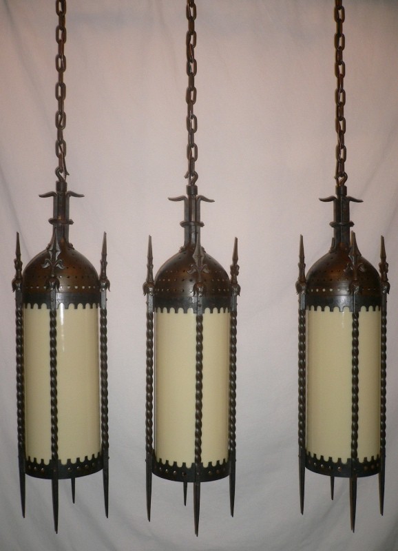 SOLD Out This World Set of Three Matching Antique Gothic Revival Iron Lanterns-15242