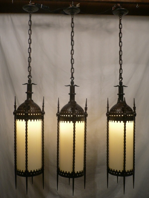 SOLD Out This World Set of Three Matching Antique Gothic Revival Iron Lanterns-15243