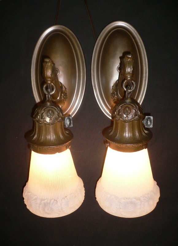 SOLD Dazzling Pair of Antique Sconces with Original Shades-0