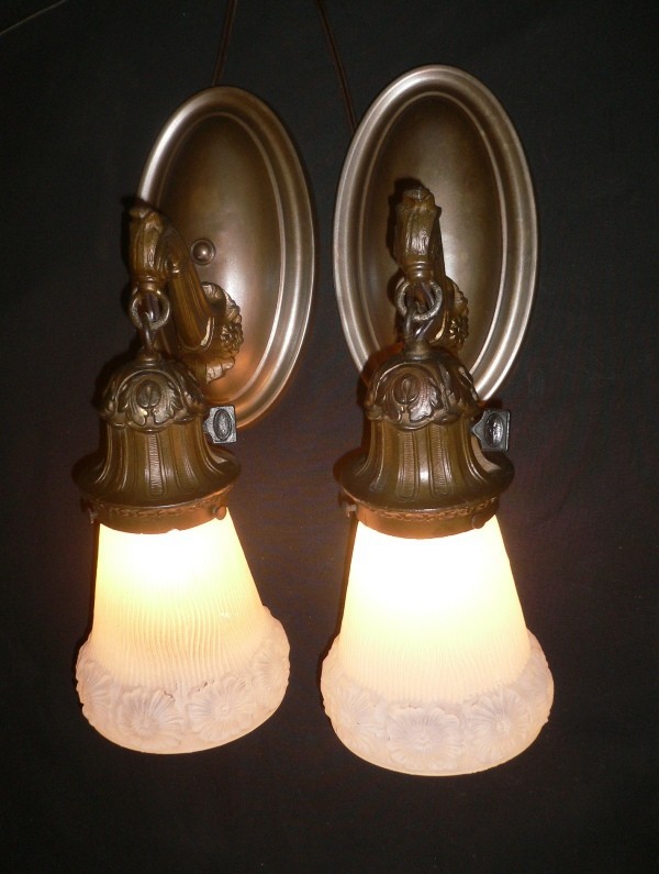 SOLD Dazzling Pair of Antique Sconces with Original Shades-15272