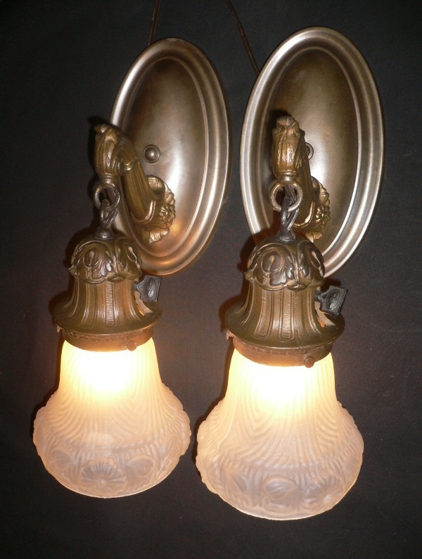 SOLD Alluring Pair of Antique Sconces with Original Shades, Matching Sconces Available-0