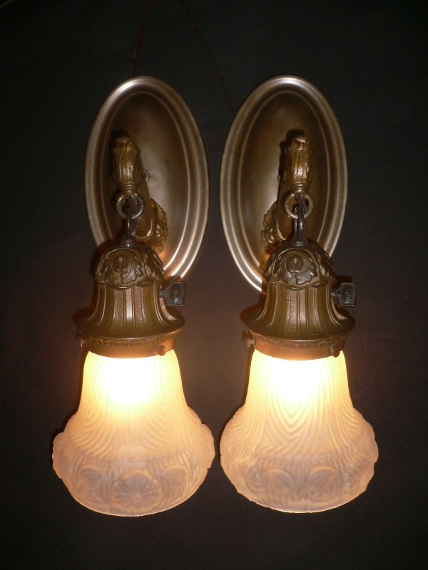 SOLD Alluring Pair of Antique Sconces with Original Shades, Matching Sconces Available-15287