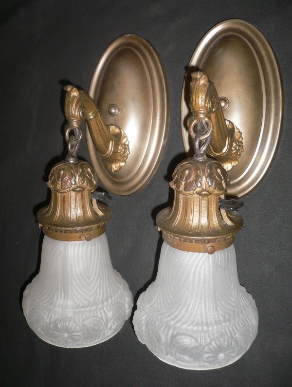 SOLD Alluring Pair of Antique Sconces with Original Shades, Matching Sconces Available-15288