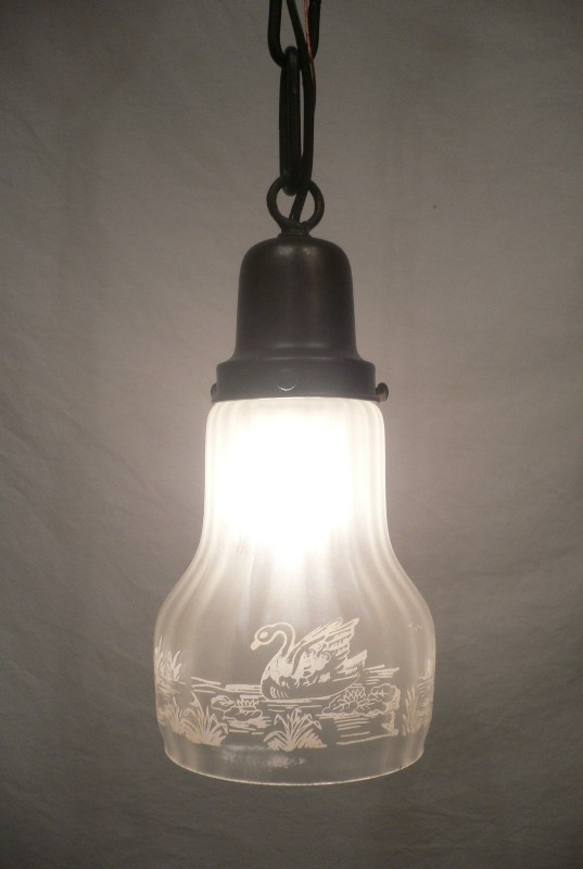 SOLD Brilliant Antique Pendant with Figural Iridescent Glass Shade-0