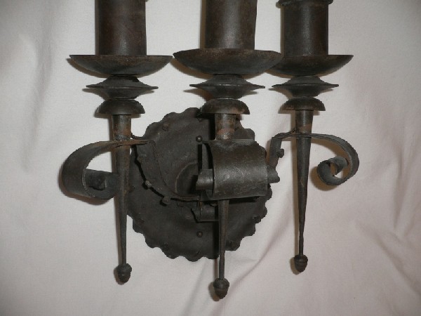 SOLD Impressive Large Pair of 1930’s Gothic Revival Triple-Arm Iron Sconces-15345