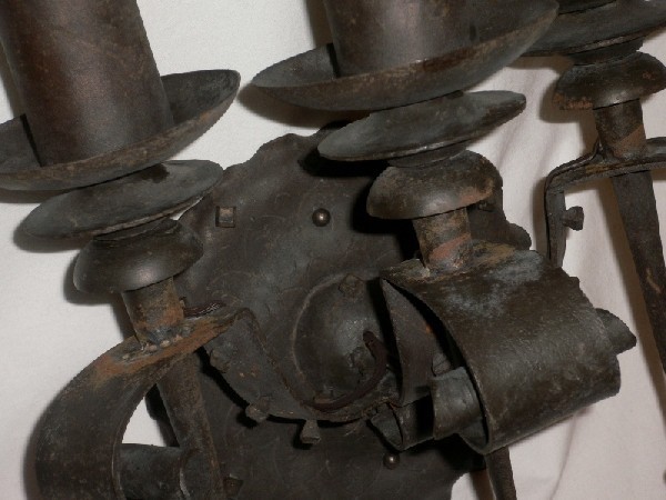 SOLD Impressive Large Pair of 1930’s Gothic Revival Triple-Arm Iron Sconces-15349
