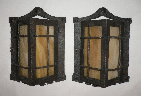 SOLD Remarkable Pair of Exterior Antique Hand-Forged Iron Sconces, Slag Glass-0