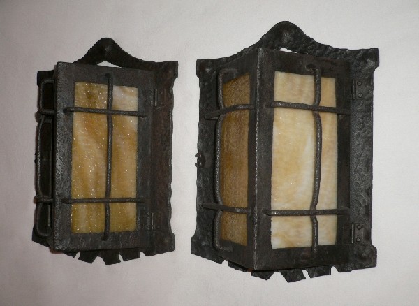 SOLD Remarkable Pair of Exterior Antique Hand-Forged Iron Sconces, Slag Glass-15388
