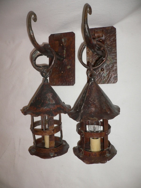 SOLD Unique Pair of Vintage Gothic Revival Copper Lantern-Type Sconces-0