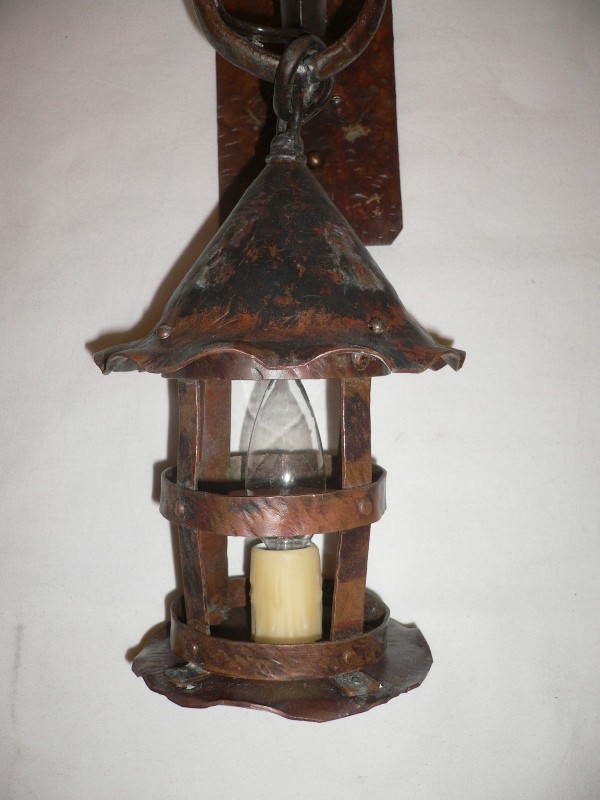 SOLD Unique Pair of Vintage Gothic Revival Copper Lantern-Type Sconces-15397