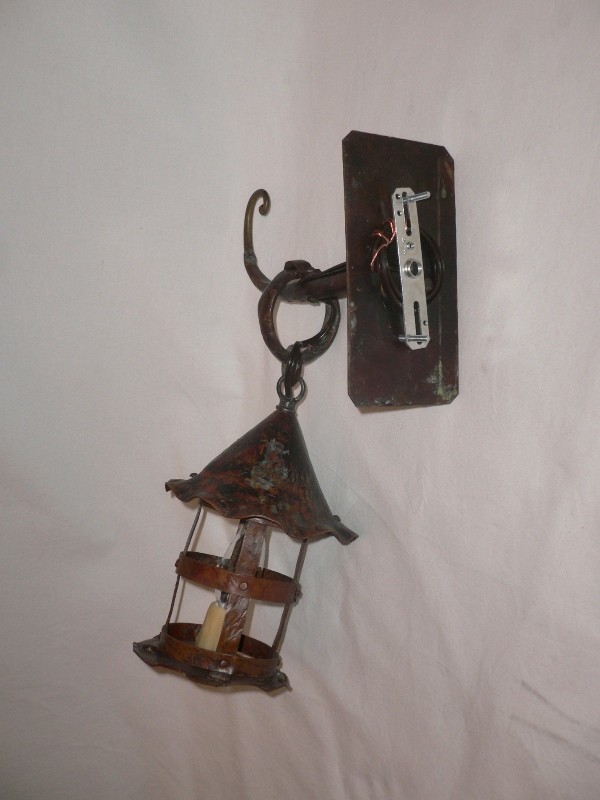 SOLD Unique Pair of Vintage Gothic Revival Copper Lantern-Type Sconces-15398
