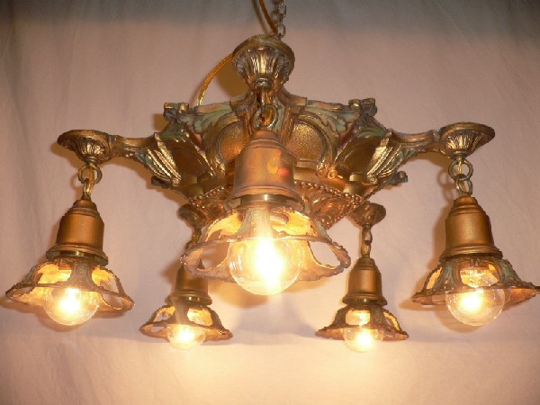 SOLD Wonderful Antique Neoclassical Flush-Mount Chandelier with Original Polychrome Finish-15456
