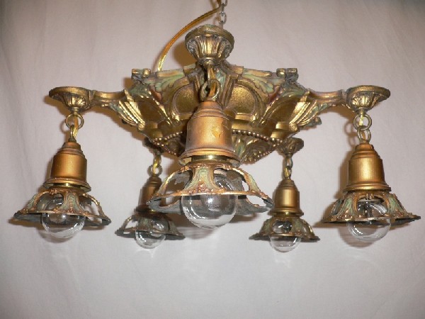 SOLD Wonderful Antique Neoclassical Flush-Mount Chandelier with Original Polychrome Finish-15459