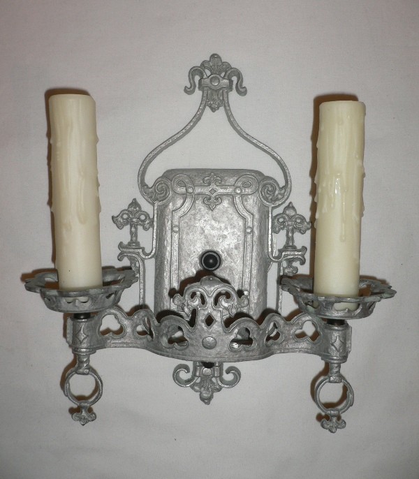 SOLD Regal Pair of Antique Gothic Revival Sconces, Fleur-de-Lis-15501