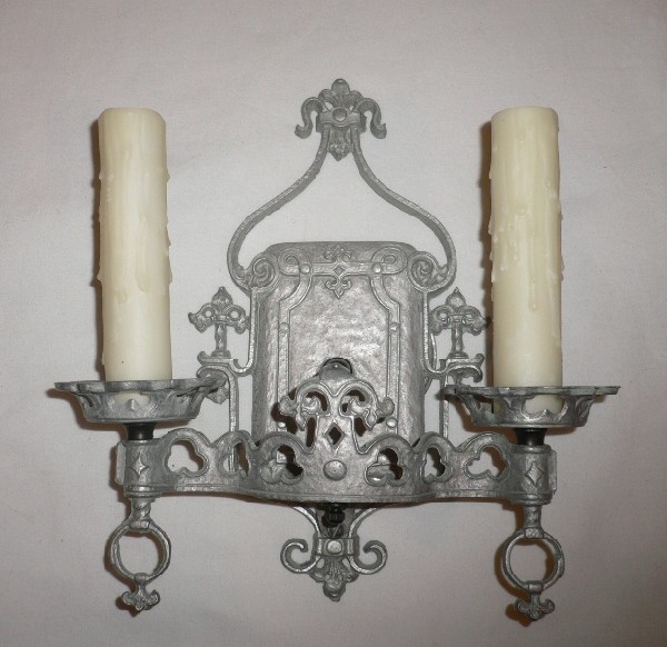 SOLD Regal Pair of Antique Gothic Revival Sconces, Fleur-de-Lis-15506