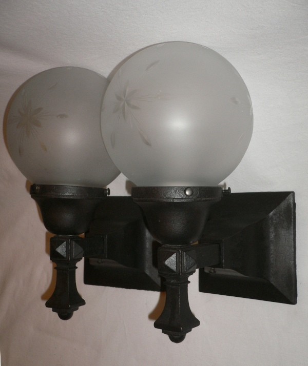 SOLD Pair of Antique Arts and Crafts Exterior Sconces with Original Hand-Cut Globes-0
