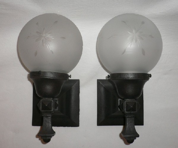 SOLD Pair of Antique Arts and Crafts Exterior Sconces with Original Hand-Cut Globes-15510