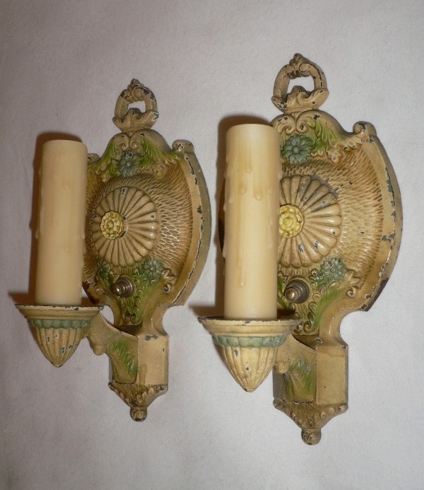 SOLD Charming Pair of Antique Polychrome Sconces, Markel Electric Products-0