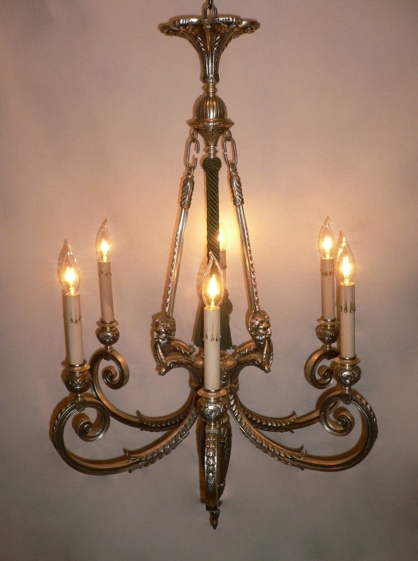 SOLD Magnificent Antique Silver Plated Bronze Figural Six-Light Chandelier-0