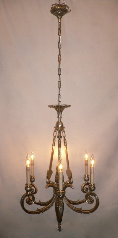SOLD Magnificent Antique Silver Plated Bronze Figural Six-Light Chandelier-15543