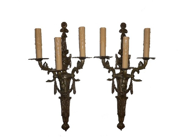 SOLD Spectacular Pair of Antique Cast Bronze Neoclassical Figural Sconces, Early 1900’s-0