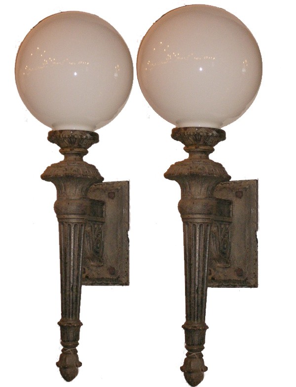 SOLD Monumental Pair of Antique Exterior Cast Iron Torch Style Sconces-0