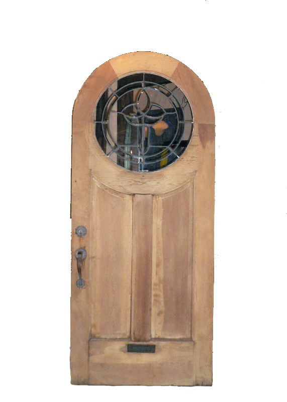 SOLD Antique Arched English Tudor Heart Pine Door, c. 1920s, Round Glass-0