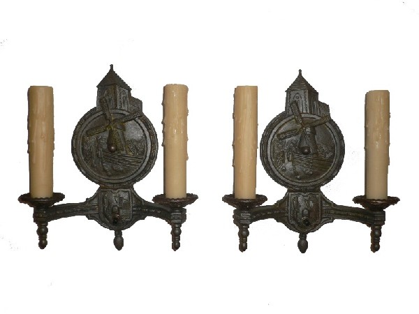 SOLD Rare Antique Cast Iron Figural Windmill Pair of Double-Arm Sconces, Signed Brandt Manufacturing Co.-0