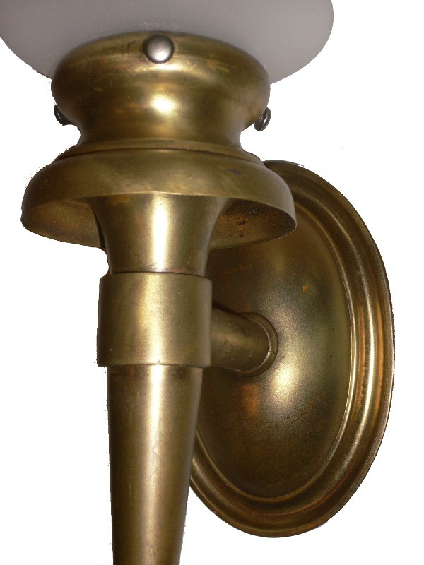 SOLD Three Wonderful Antique Single-Arm Brass Sconces with Original Hand-Cut Shades -15710