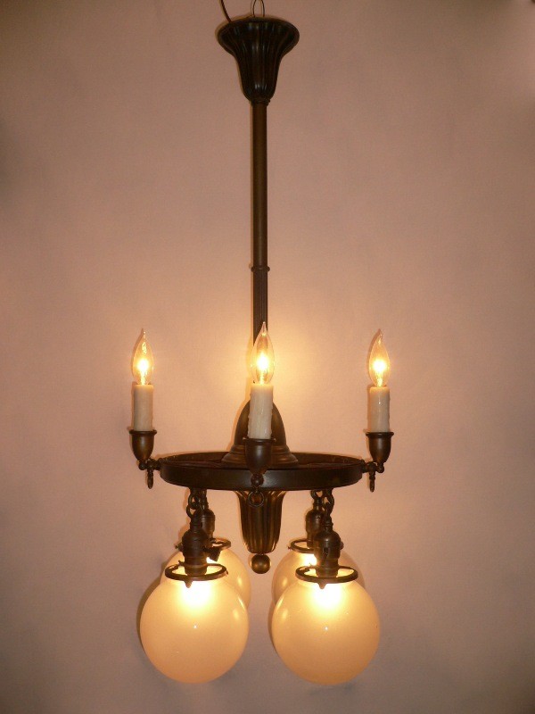 SOLD Fascinating Antique Brass Gas & Electric Sheffield-Style Eight-Light Chandelier, Late 1800’s-0