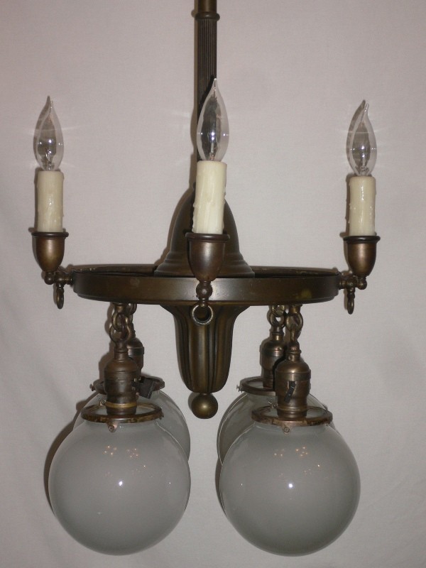 SOLD Fascinating Antique Brass Gas & Electric Sheffield-Style Eight-Light Chandelier, Late 1800’s-15774
