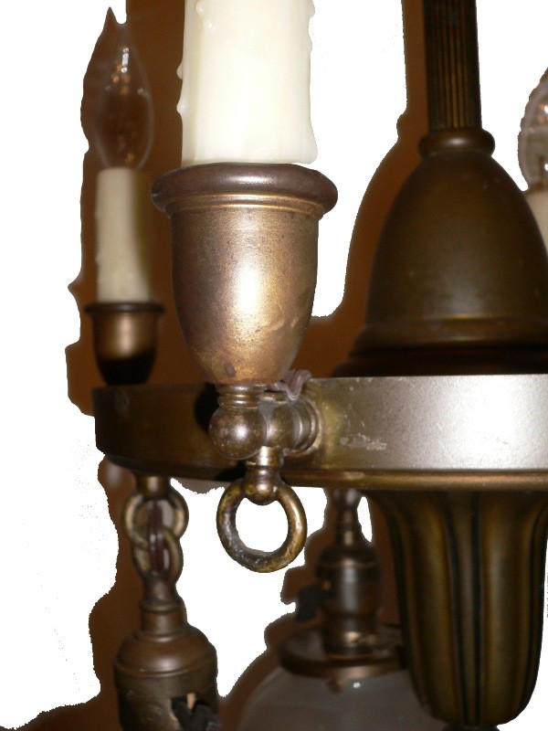 SOLD Fascinating Antique Brass Gas & Electric Sheffield-Style Eight-Light Chandelier, Late 1800’s-15776