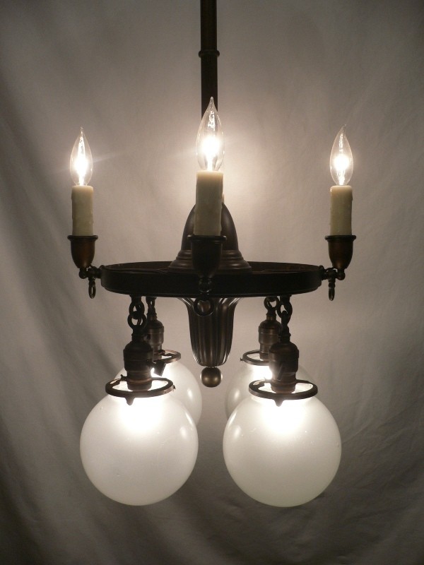 SOLD Fascinating Antique Brass Gas & Electric Sheffield-Style Eight-Light Chandelier, Late 1800’s-15778