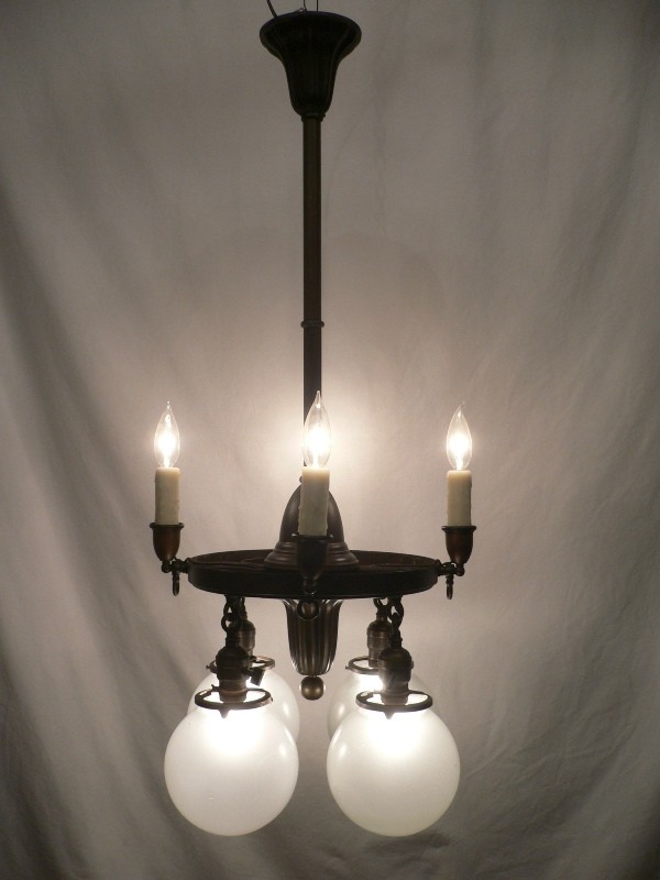 SOLD Fascinating Antique Brass Gas & Electric Sheffield-Style Eight-Light Chandelier, Late 1800’s-15779