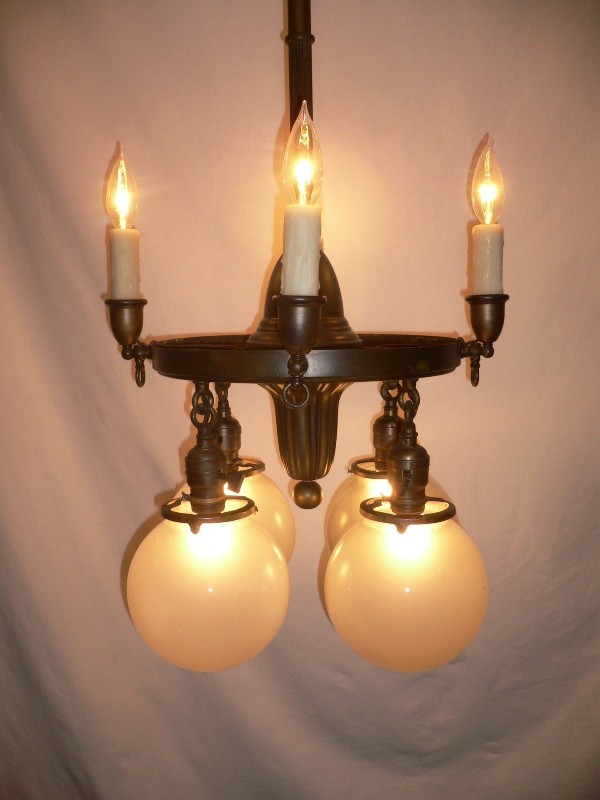 SOLD Fascinating Antique Brass Gas & Electric Sheffield-Style Eight-Light Chandelier, Late 1800’s-15780