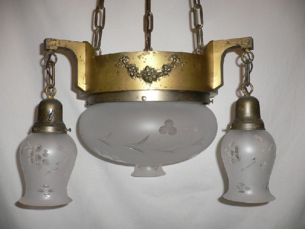 SOLD Stunning Antique Brass Four-Light Chandelier with Original Hand-Cut Shades-15787