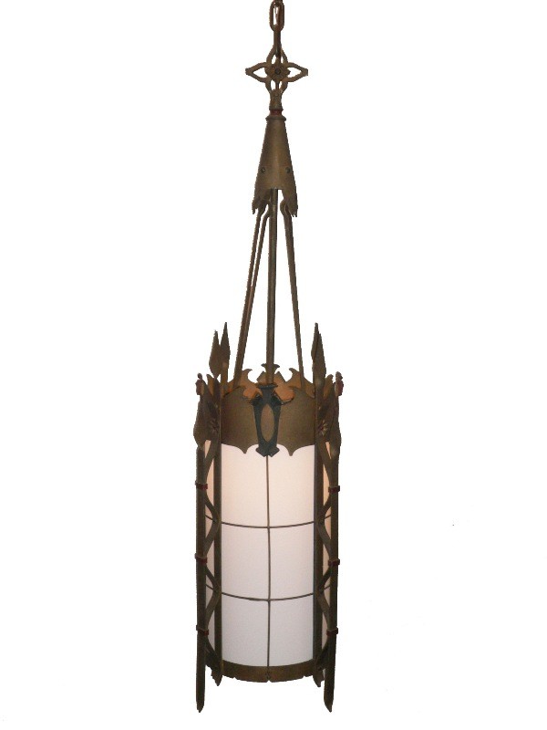 SOLD Striking Large Antique Iron Gothic Revival Lantern with Milk Glass Cylinder-0