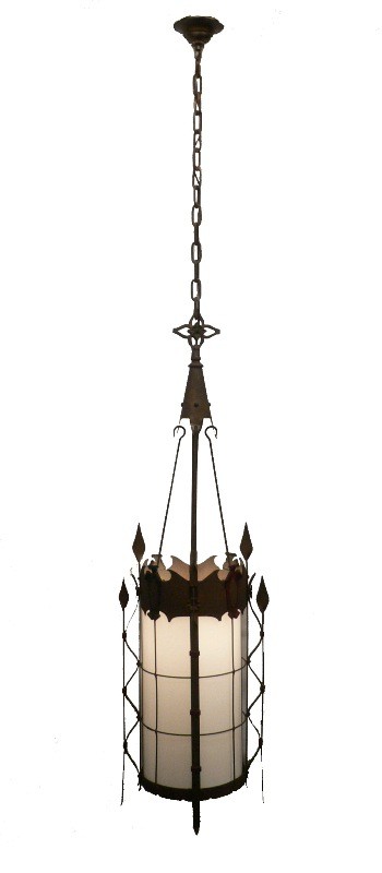 SOLD Striking Large Antique Iron Gothic Revival Lantern with Milk Glass Cylinder-15790