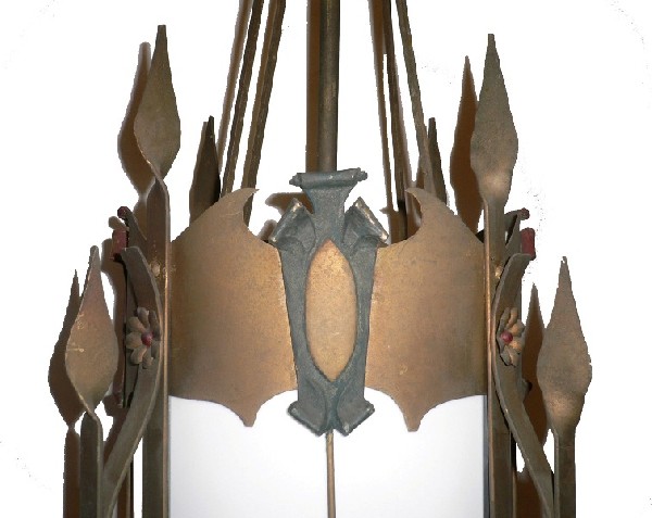 SOLD Striking Large Antique Iron Gothic Revival Lantern with Milk Glass Cylinder-15793