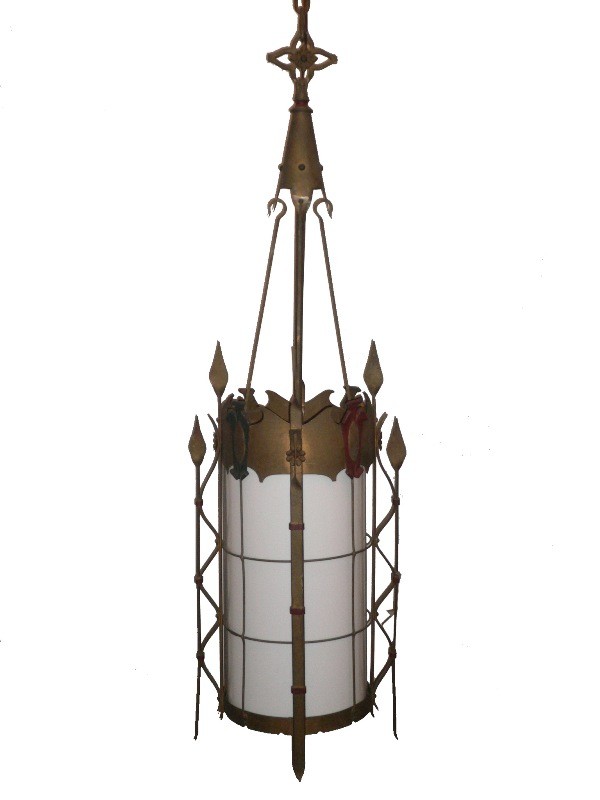 SOLD Striking Large Antique Iron Gothic Revival Lantern with Milk Glass Cylinder-15795
