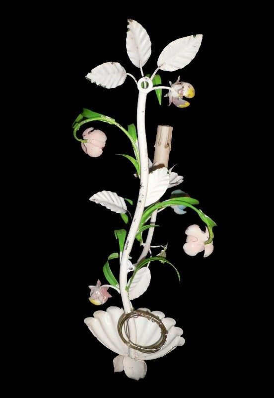 SOLD Delightful Vintage Pair of Floral Tole Metal Single-Arm Sconces, Original Polychrome Finish-15836