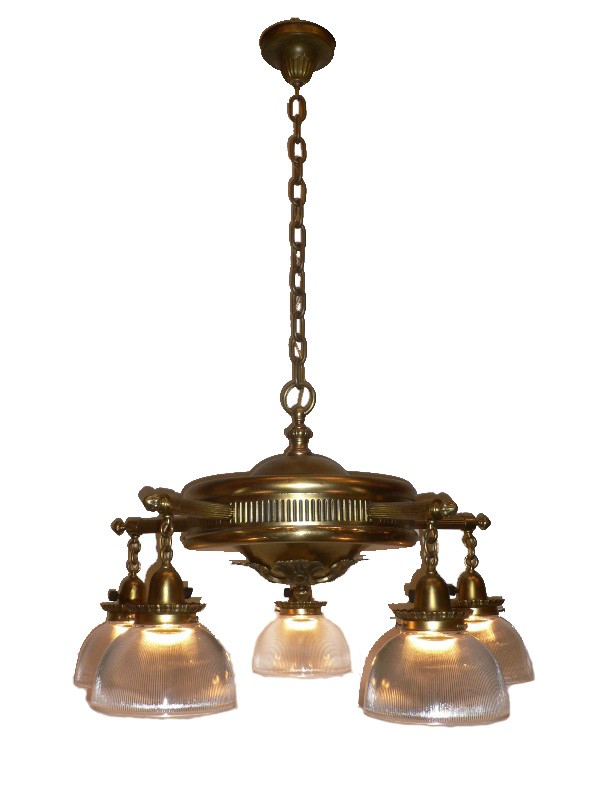 SOLD Impressive Antique Brass Five-Light Chandelier with Holophane Shades, Late 1800’s/Early 1900’s-0