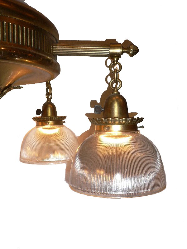 SOLD Impressive Antique Brass Five-Light Chandelier with Holophane Shades, Late 1800’s/Early 1900’s-15847