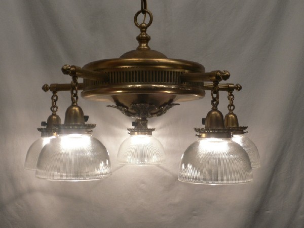 SOLD Impressive Antique Brass Five-Light Chandelier with Holophane Shades, Late 1800’s/Early 1900’s-15852