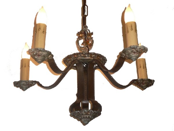 SOLD Lovely Antique Five-Light Chandelier, Signed Riddle Co., Original Polychrome Finish with Red Accents-0
