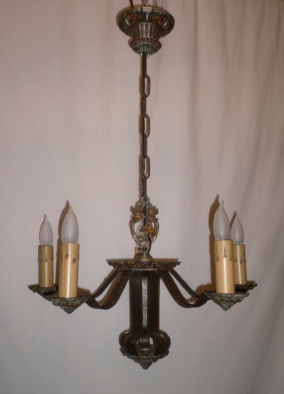 SOLD Lovely Antique Five-Light Chandelier, Signed Riddle Co., Original Polychrome Finish with Red Accents-15862