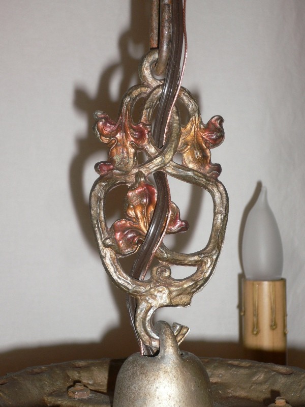 SOLD Lovely Antique Five-Light Chandelier, Signed Riddle Co., Original Polychrome Finish with Red Accents-15863