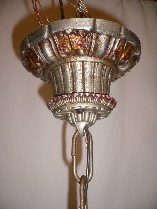 SOLD Lovely Antique Five-Light Chandelier, Signed Riddle Co., Original Polychrome Finish with Red Accents-15864