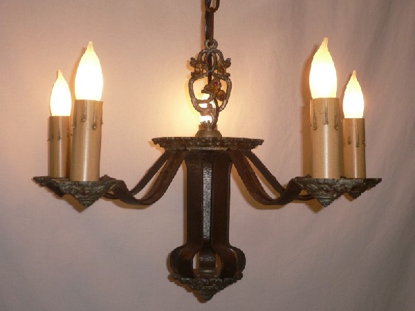 SOLD Lovely Antique Five-Light Chandelier, Signed Riddle Co., Original Polychrome Finish with Red Accents-15867