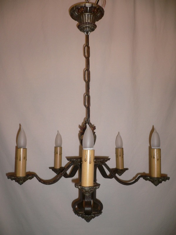SOLD Lovely Antique Five-Light Chandelier, Signed Riddle Co., Original Polychrome Finish with Red Accents-15868